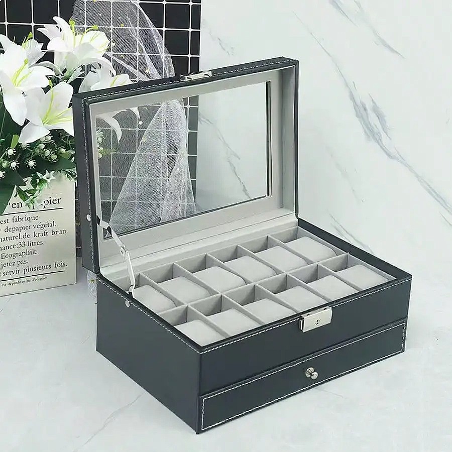 12-Slot Watch Box with Drawer, - Luxury Watch Storage recension och pris